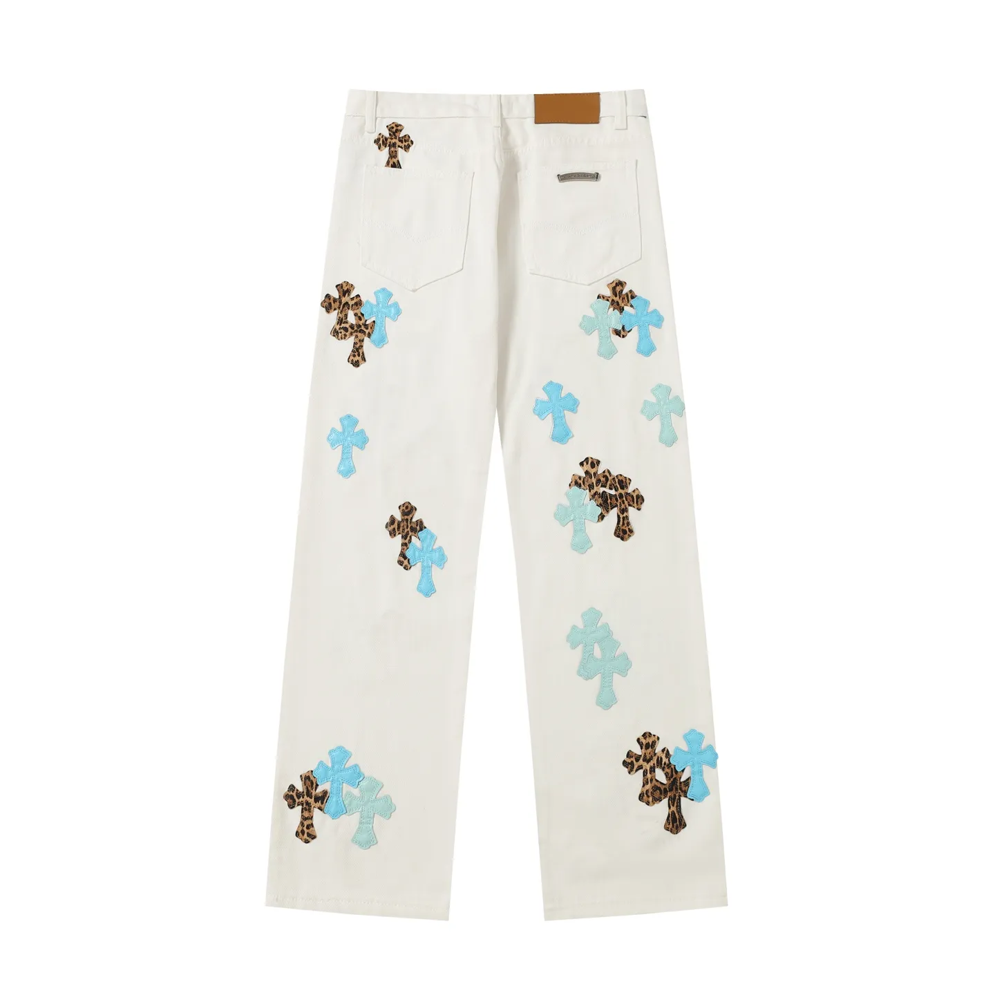 P270 Chrome Hearts/Chrome Hearts 25ss Classic White Cow Series Colored Leather Cross Washed Color Cloth Uniform Denim Trousers for Men and Women Color: Picture Color Code Number: 28-36